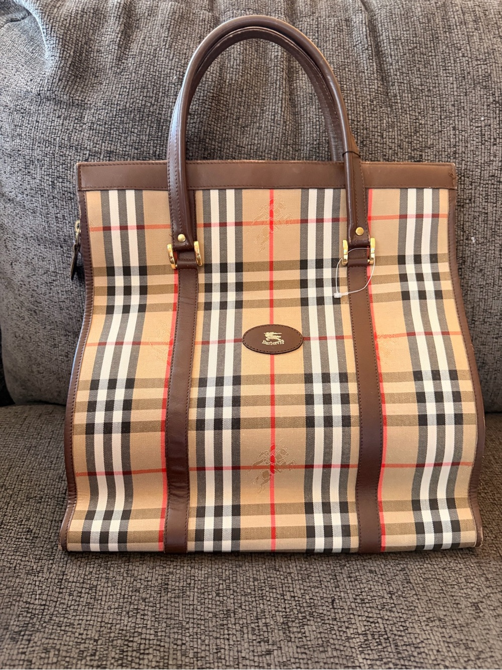 Authentic Burberry Haymarket Tote Leather Trim Bag
